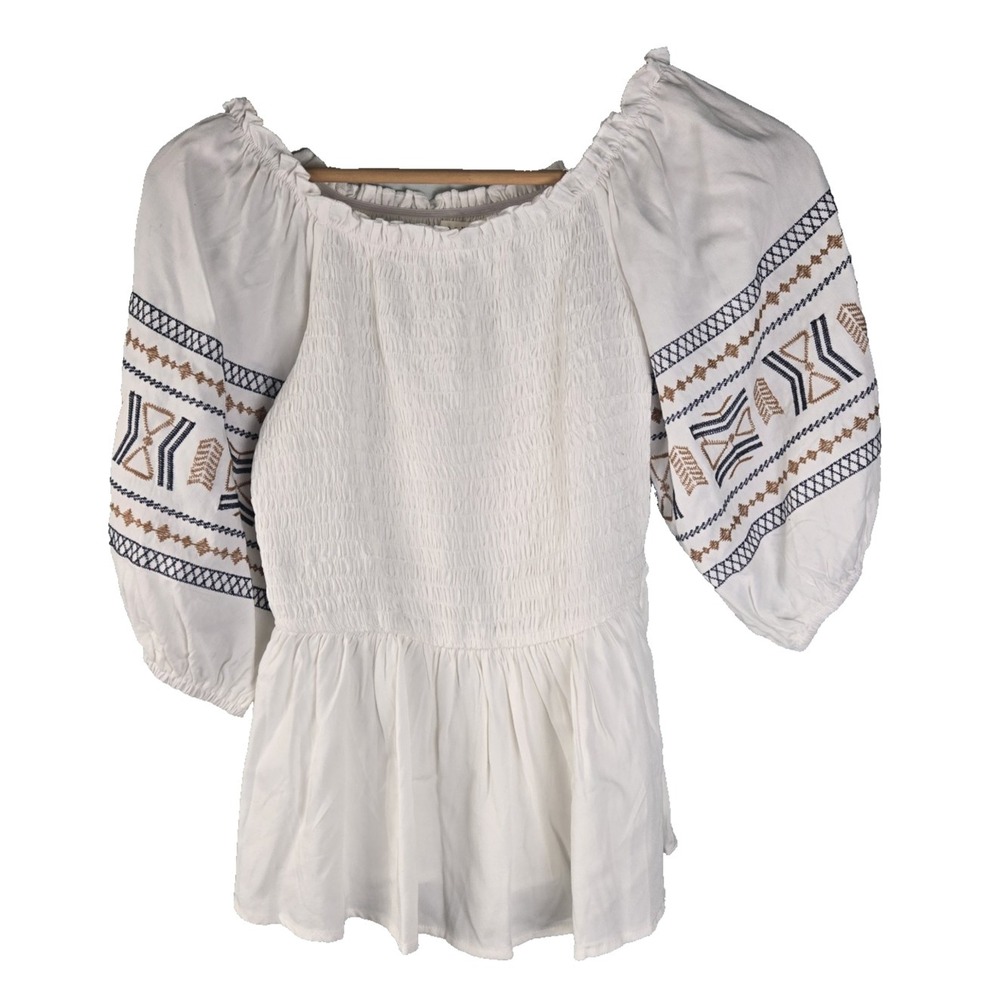 Baevely Women's Pullover Balloon 3/4 Boho Southwest‎ Embroidered Sleeve Babydoll